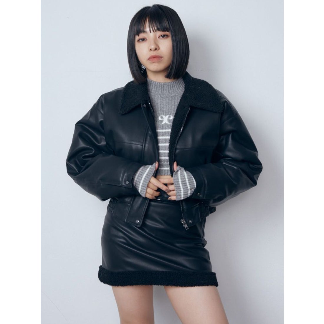 エモダ EMODA フェイクレザーボアブルゾン （ブラック） -靴