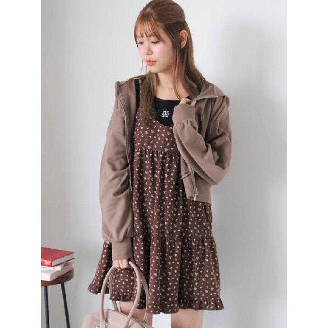 エヘカソポ ehka sopo 前後2WAY花柄ミニキャミワンピース （ブラウン