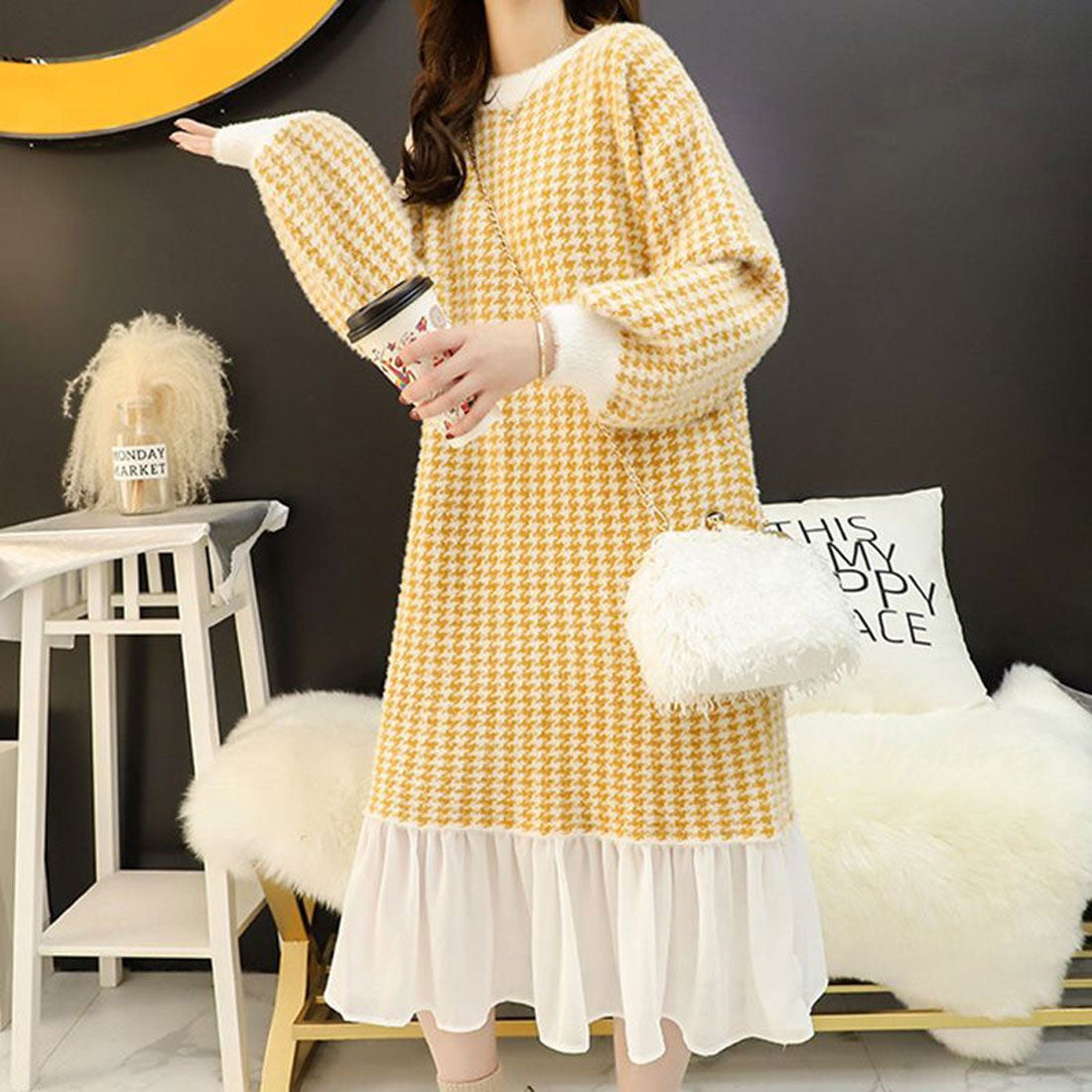 エピック デイ epic day ニットワンピース 千鳥柄 （イエロー） -靴