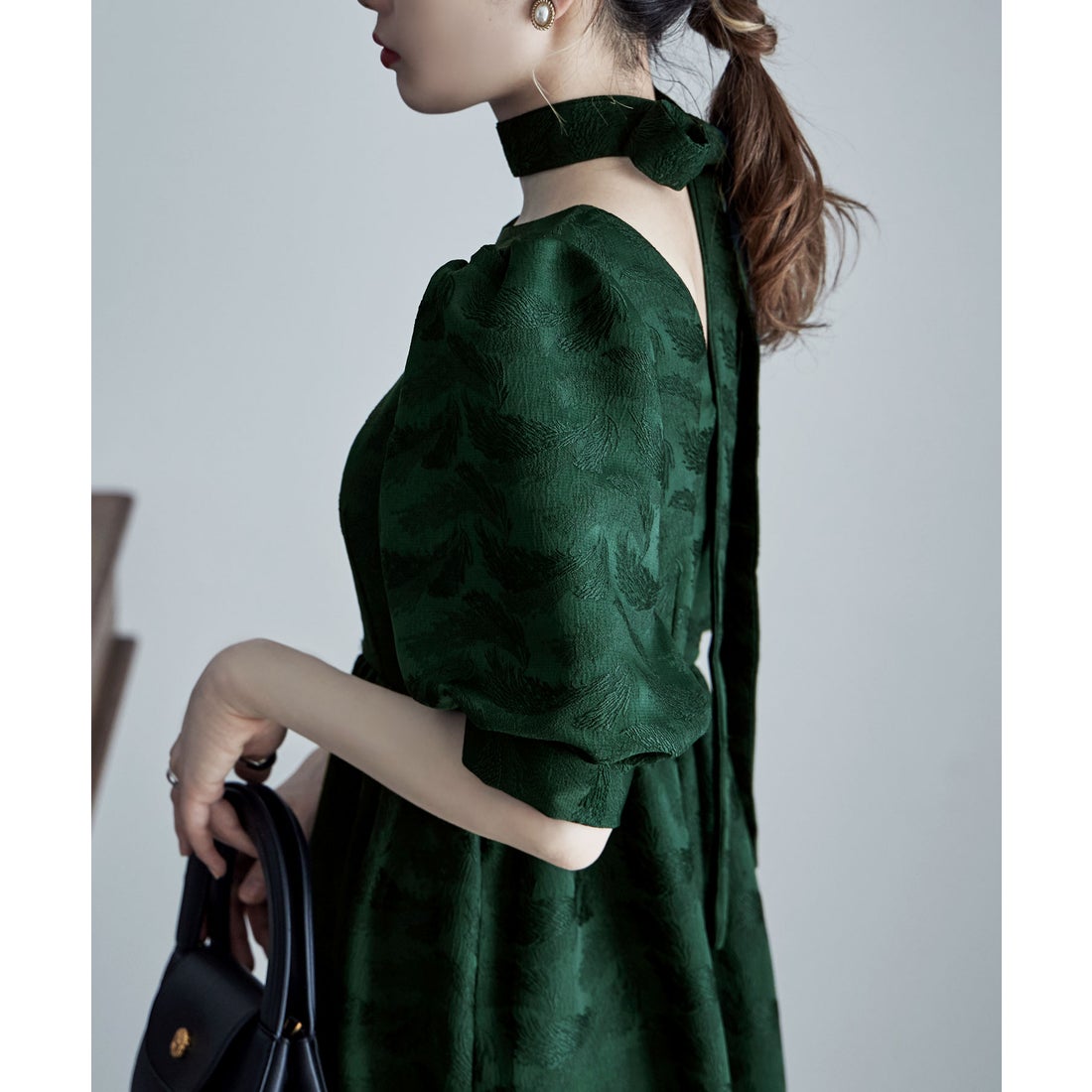 エトル etoll. ジャガードパフスリーブドレス （グリーン） -靴