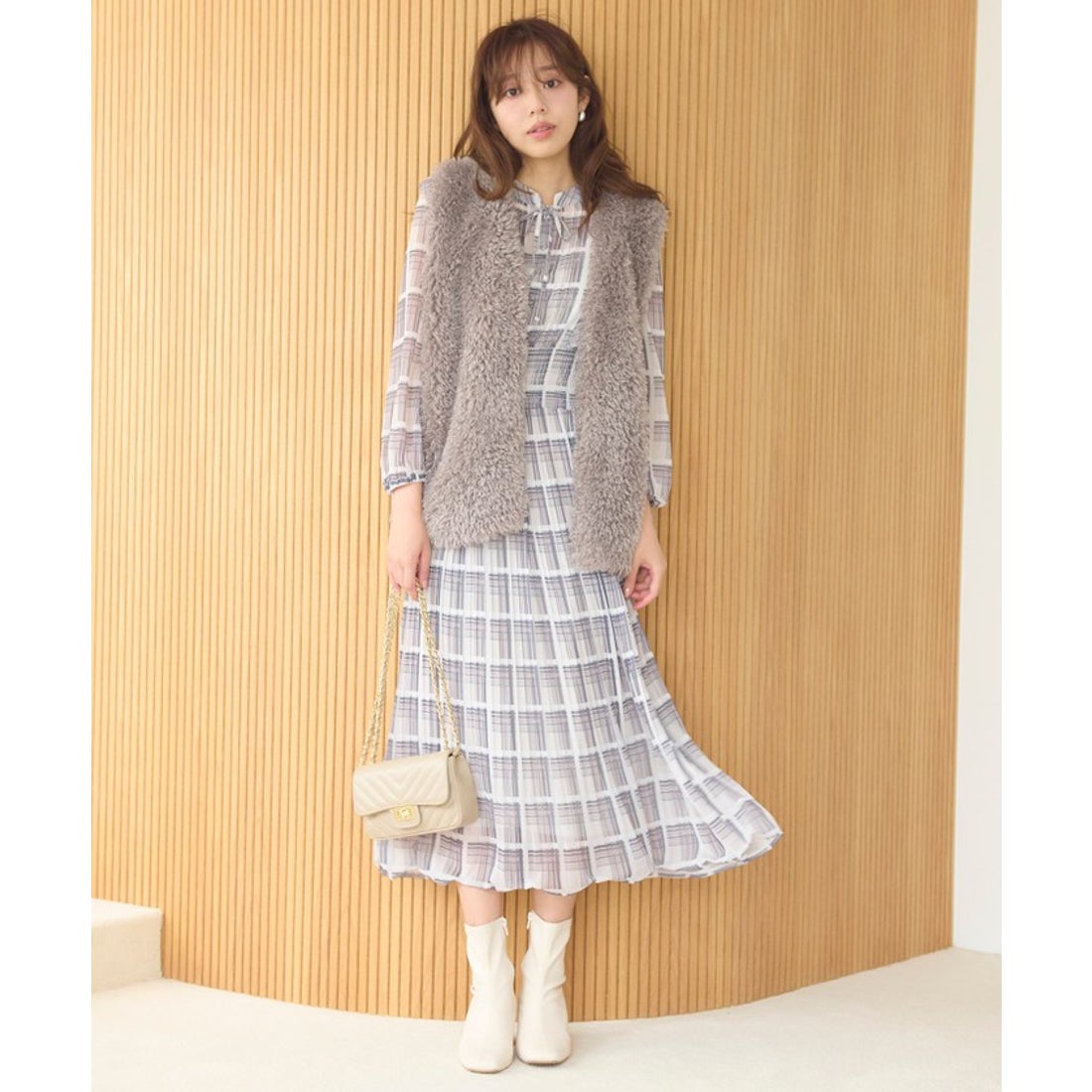 フェルゥ Feroux 【洗える】プリーツ ワンピース （ネイビー系