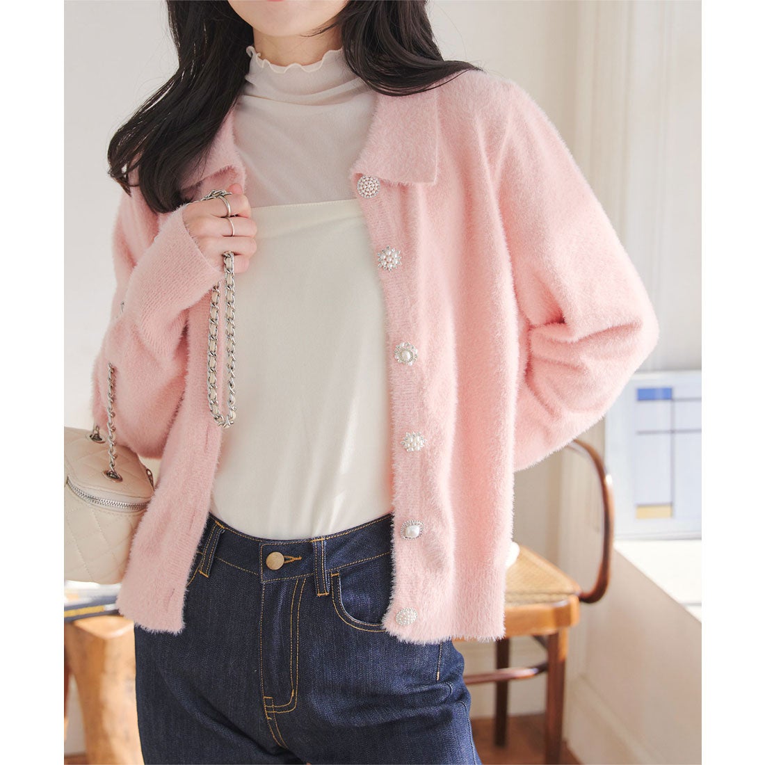 コウベレタス KOBE LETTUCE 襟付きビジューボタンシャギーニット