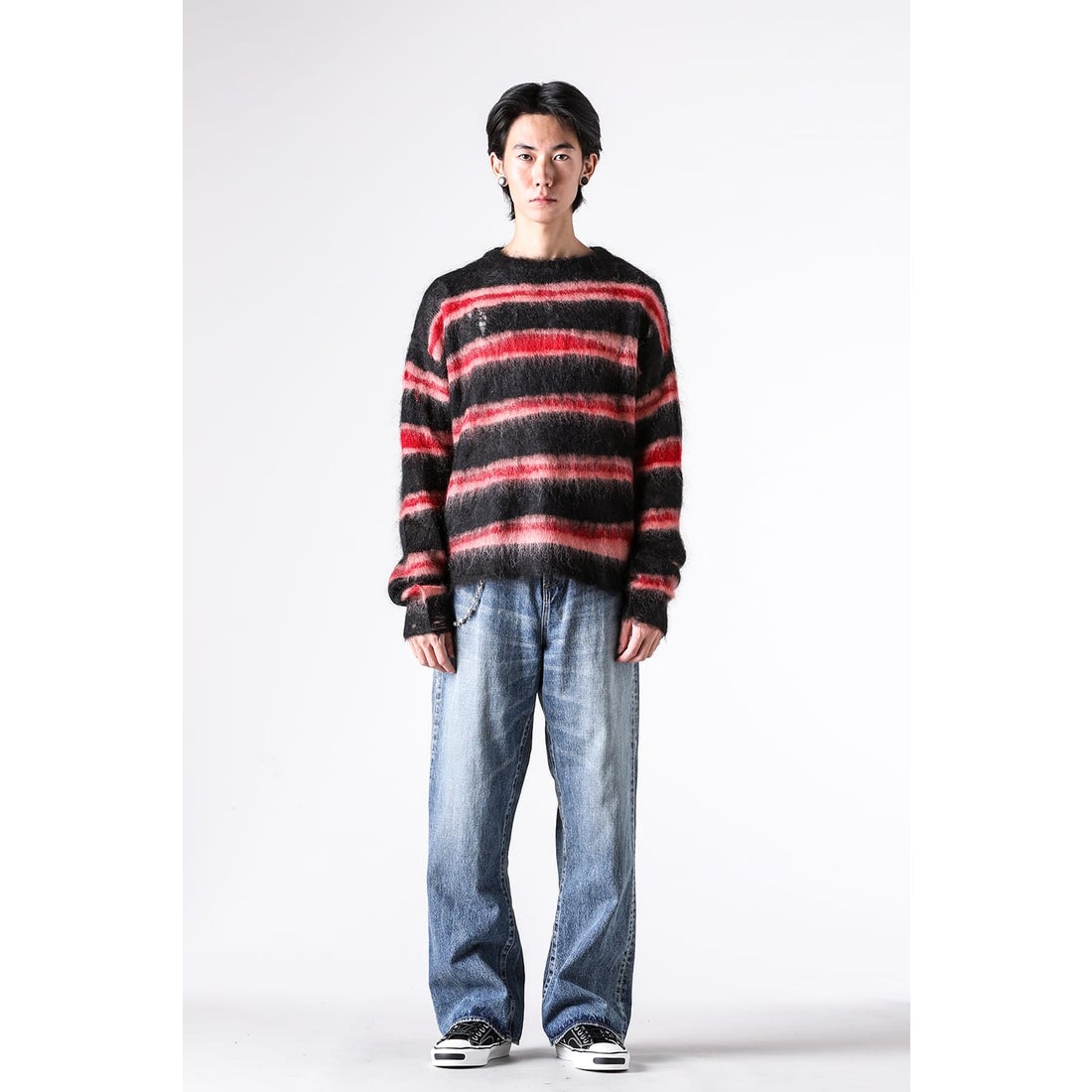 カミヤ KAMIYA Distressed Border Mohair Sweater （Black