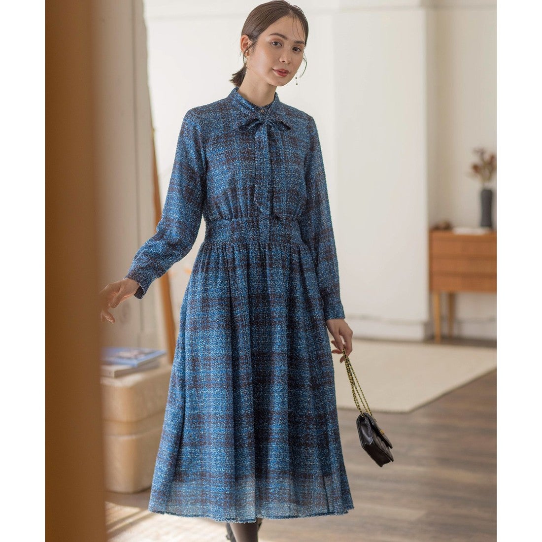 組曲 ギミックチェックツイード ワンピース （ネイビー系5） -靴