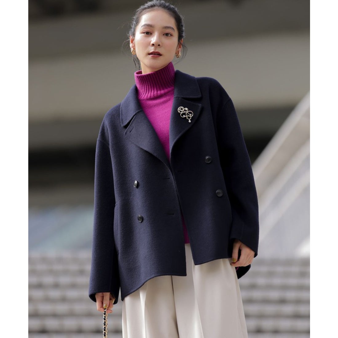 クミキョク 組曲 ダブルブレストリバー コート （ネイビー系