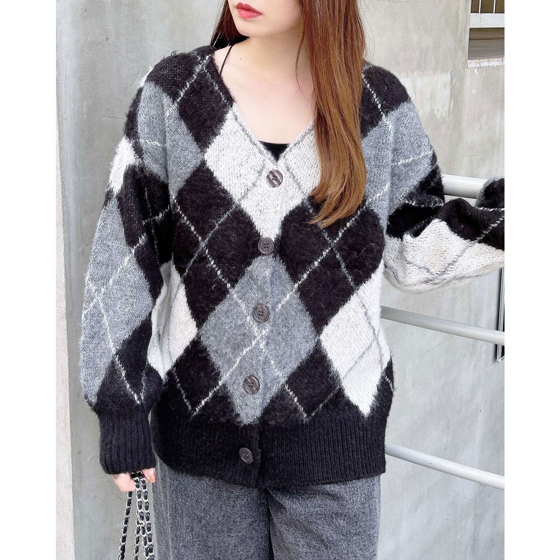 イング INGNI 7Gアーガイル柄ロングニットカーディガン （クロ/グレー