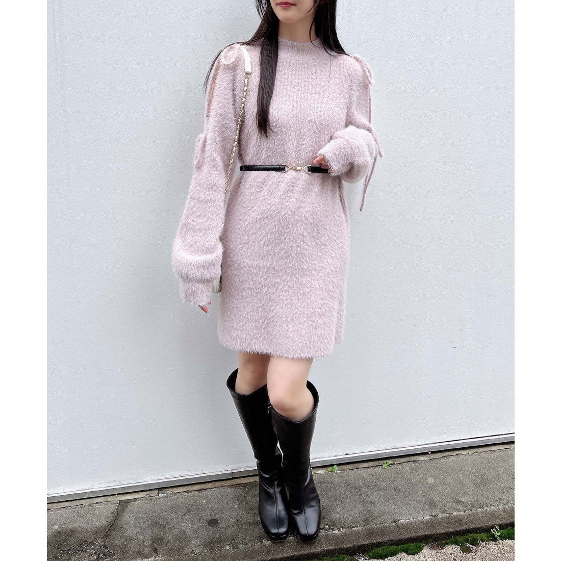 イング INGNI フェザー肩開きリボンニットワンピース （ピンク