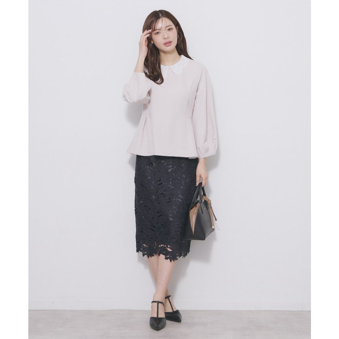 インデックス index ダブルクロスレース衿ペプラムブラウス【洗濯機OK