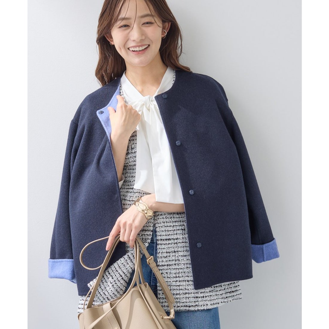 インディヴィ INDIVI 【配色デザイン】ウールリバーショート丈ノー