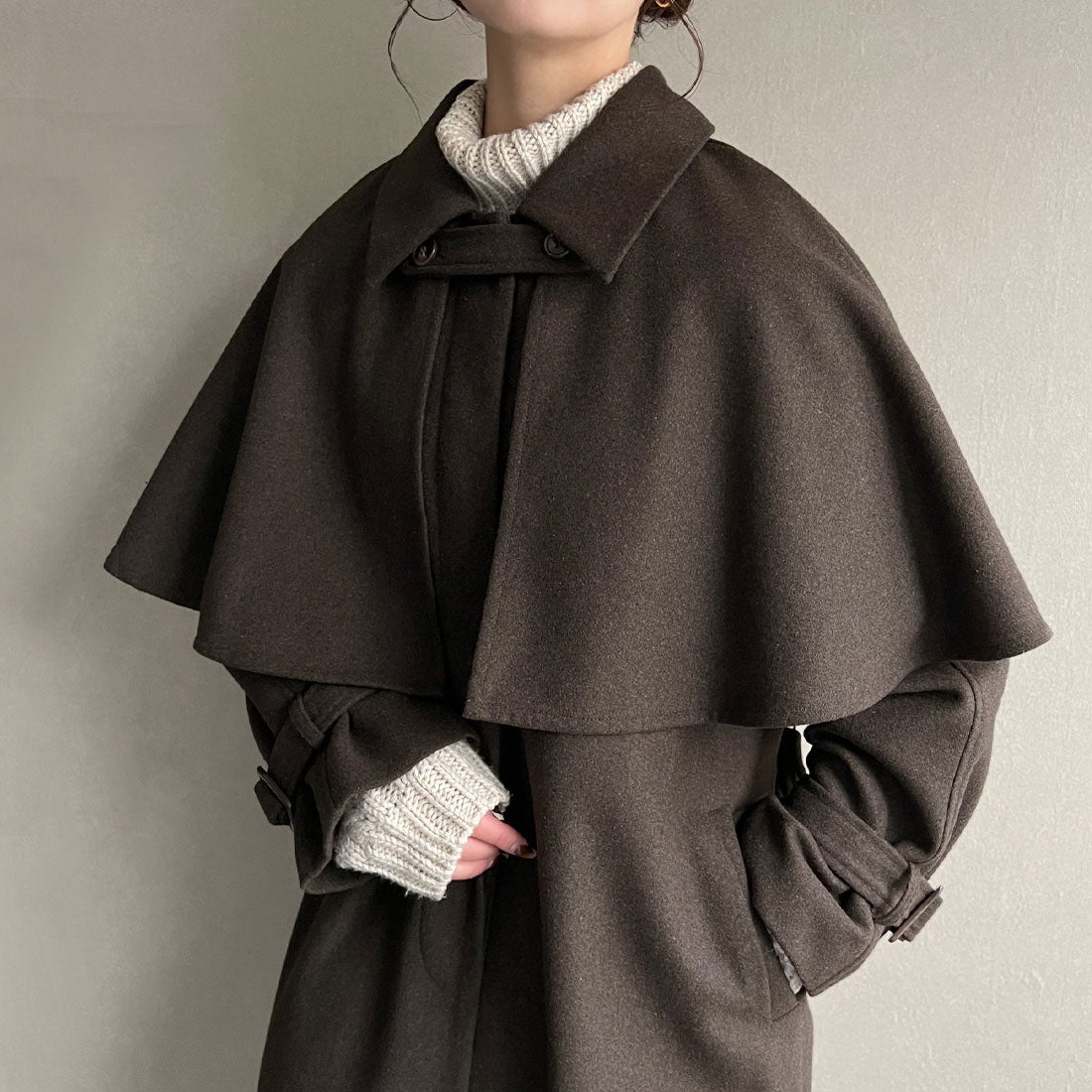 ジュノア JUNOAH 2wayステンカラーケープコート （ダークブラウン