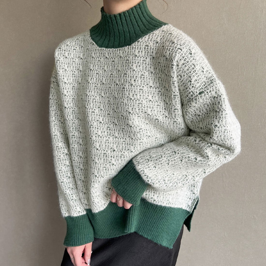 ジュノア JUNOAH ダブルジャガードハイネックニット （グリーン） -靴