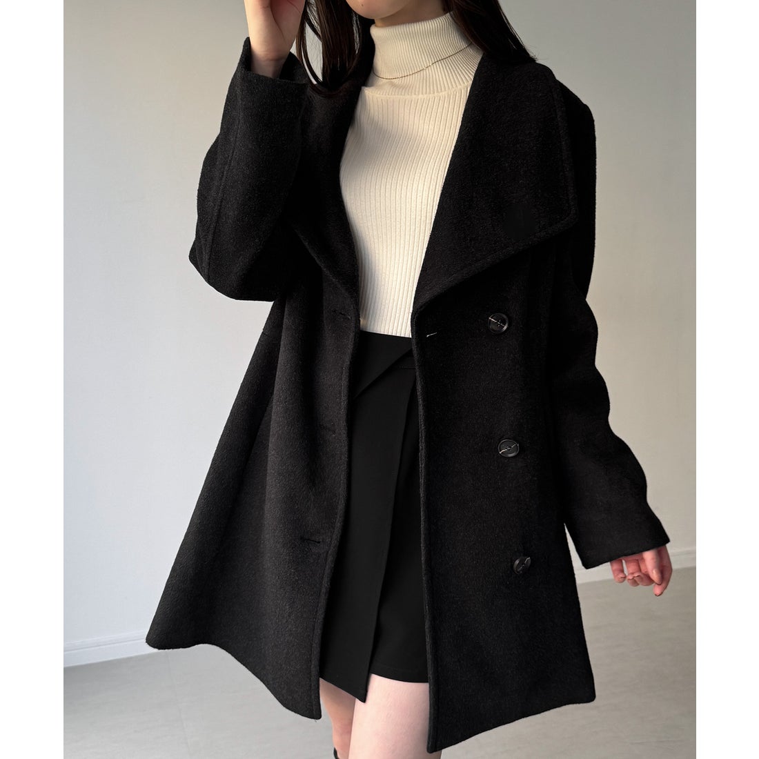 ジュノア JUNOAH ショールカラーミドル丈ウエストシェイプフレアコート