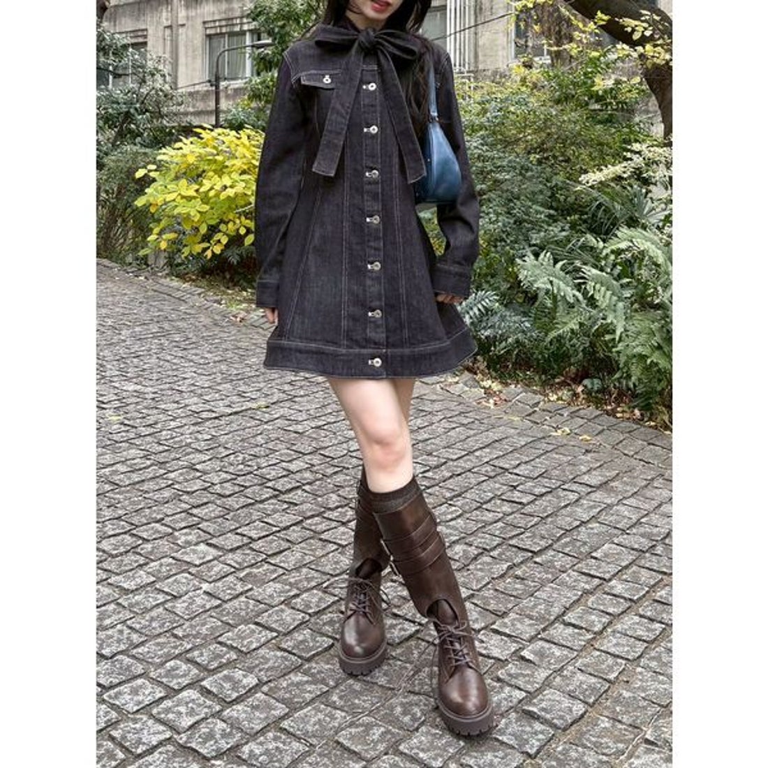 リリーブラウン LILY BROWN ボウタイデニムミニワンピース （BLK