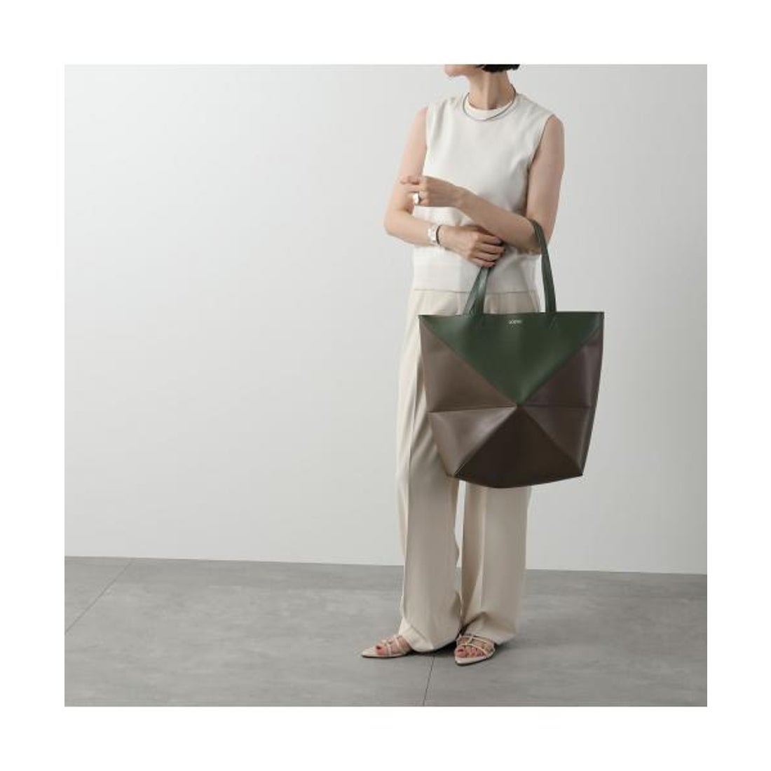 オリーブグリーン本革パズルフォールドミニトート 軽量収納便利