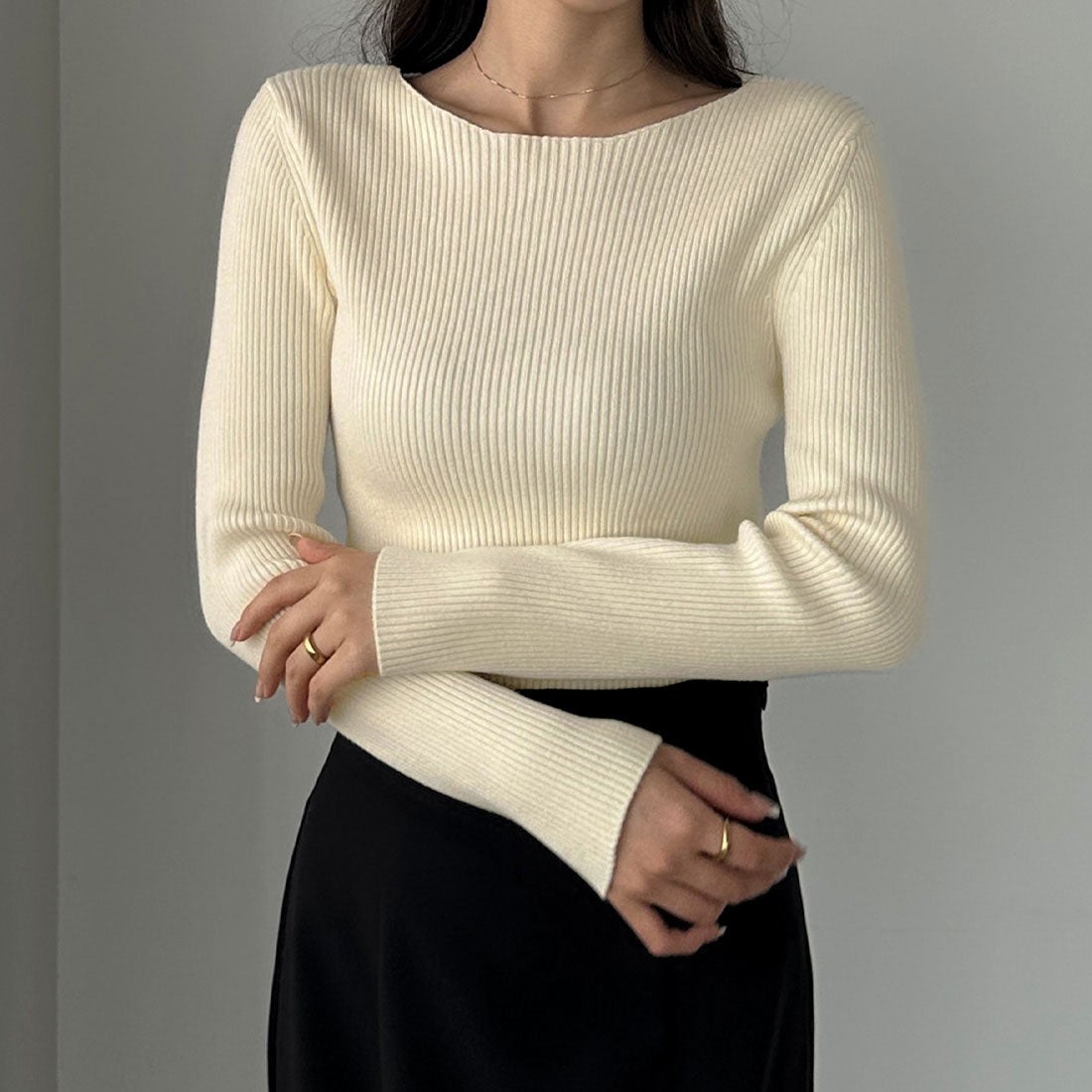 ルエレ Louere Louere ボートネック長袖リブニット （アイボリー） -靴