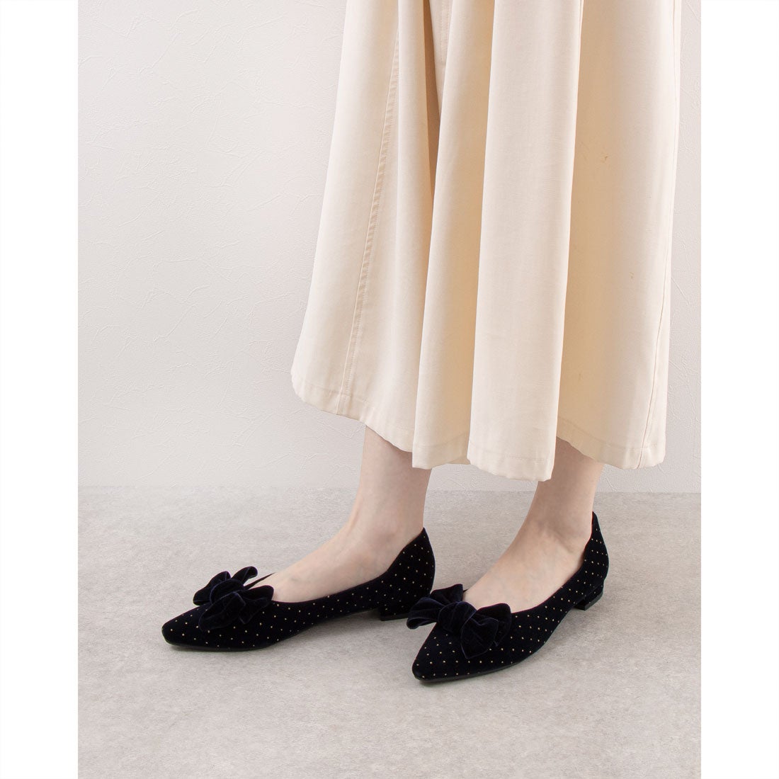 リボンフラットパンプス(0460A) （ネイビーZ） -レディースシューズ