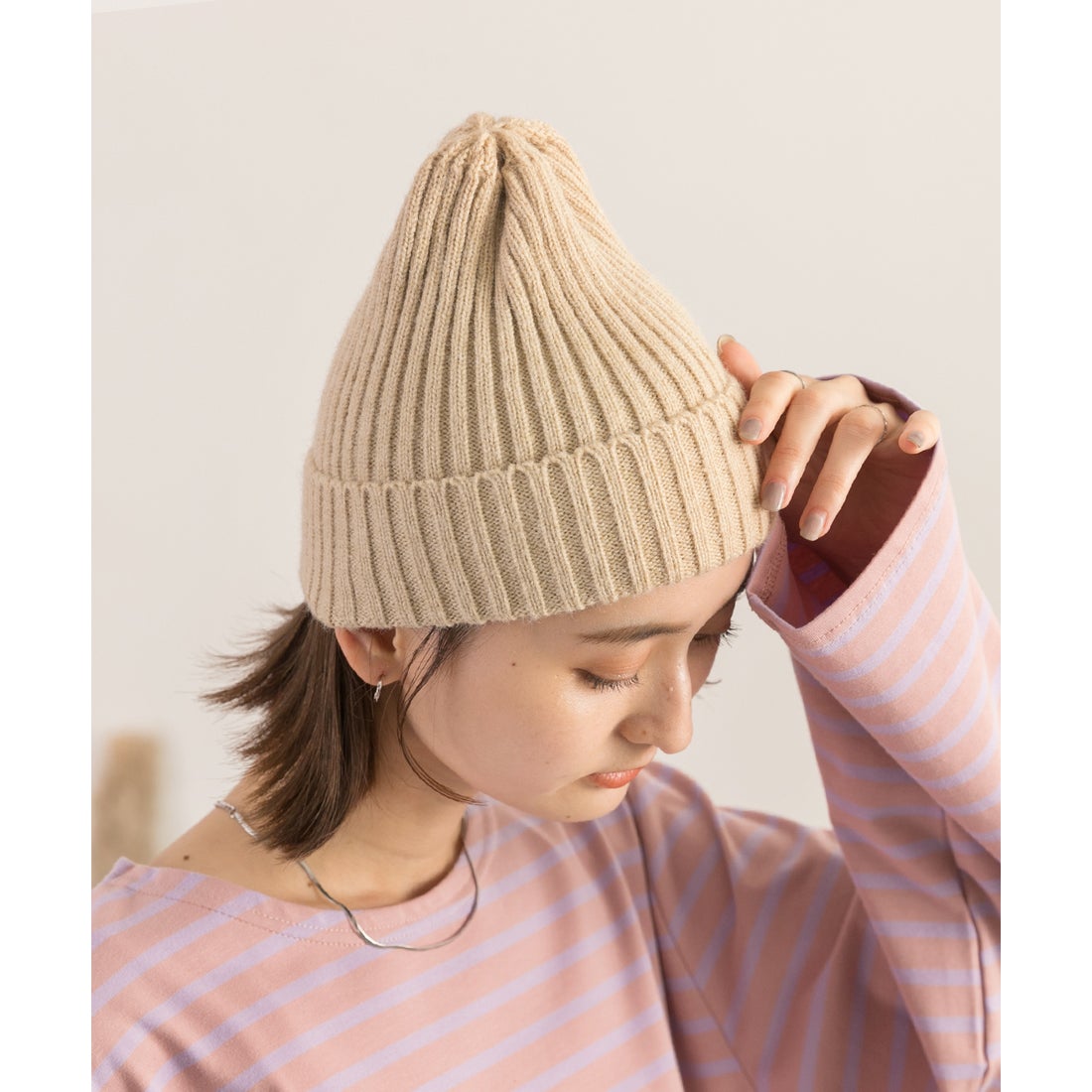 アドティエ ad thie カラバリ豊富 リブ編みニット帽 （ベージュ
