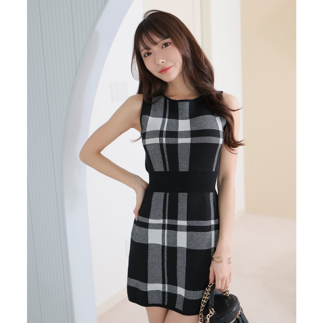 リップサービス LIP SERVICE チェックジャガードノースリニット