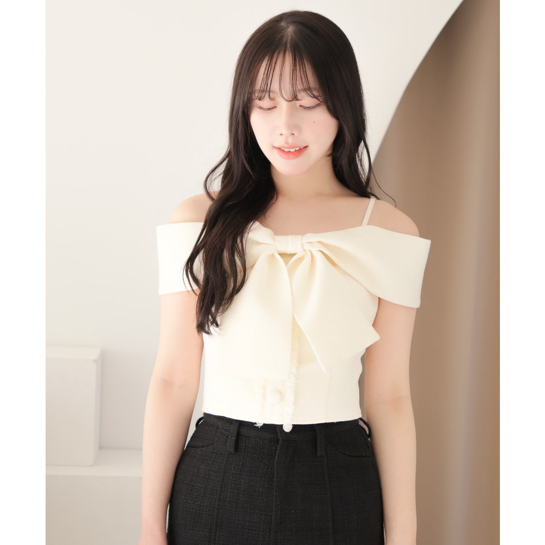 リップサービス LIP SERVICE ツイードリボンオフショルトップス