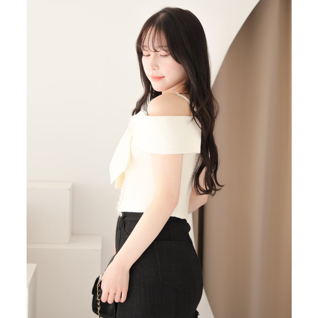 リップサービス LIP SERVICE ツイードリボンオフショルトップス