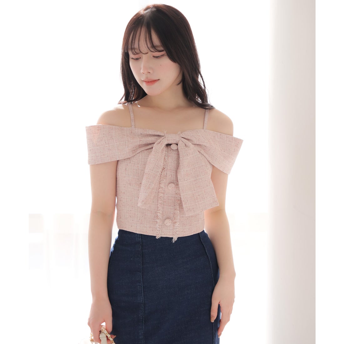 リップサービス LIP SERVICE ツイードリボンオフショルトップス