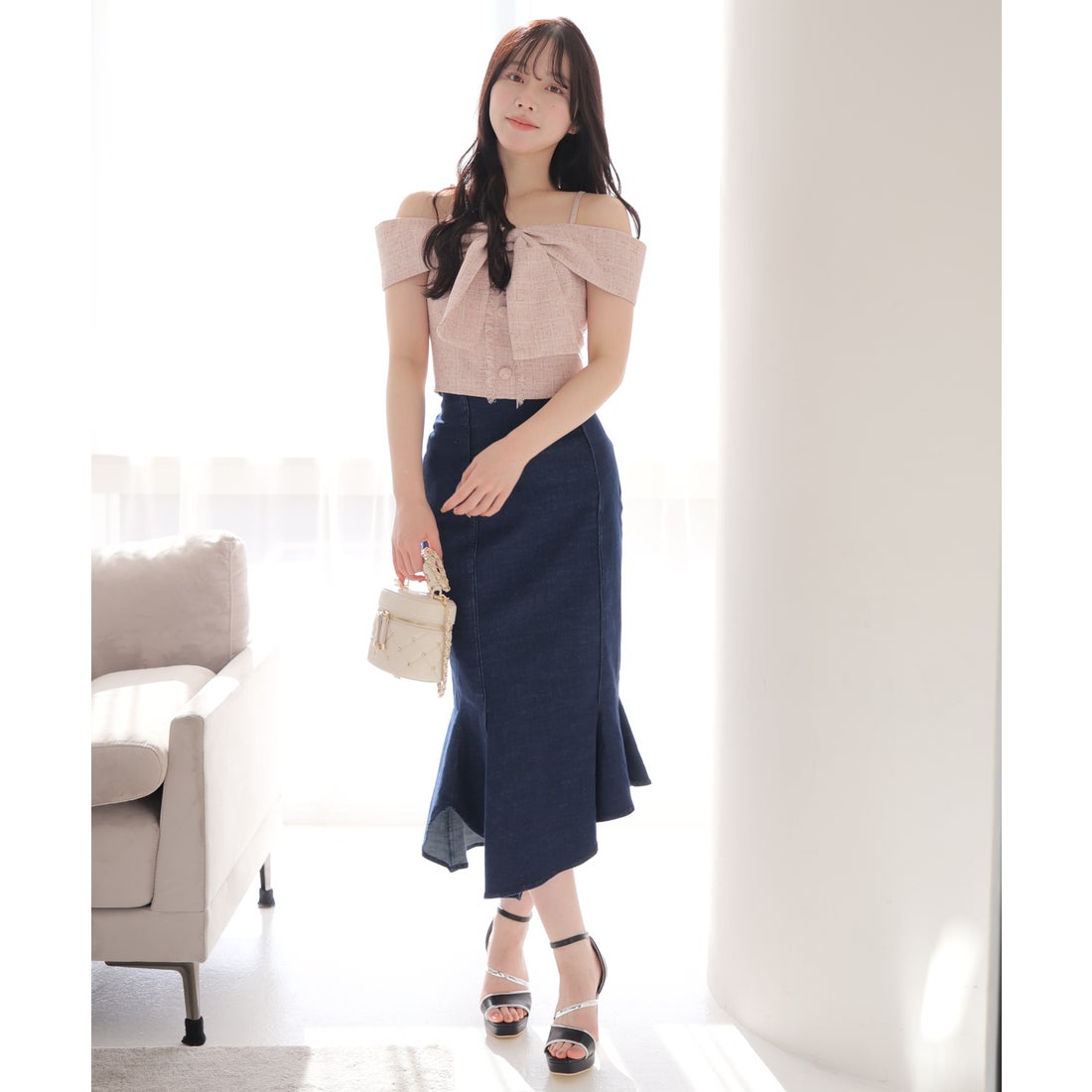 リップサービス LIP SERVICE ツイードリボンオフショルトップス