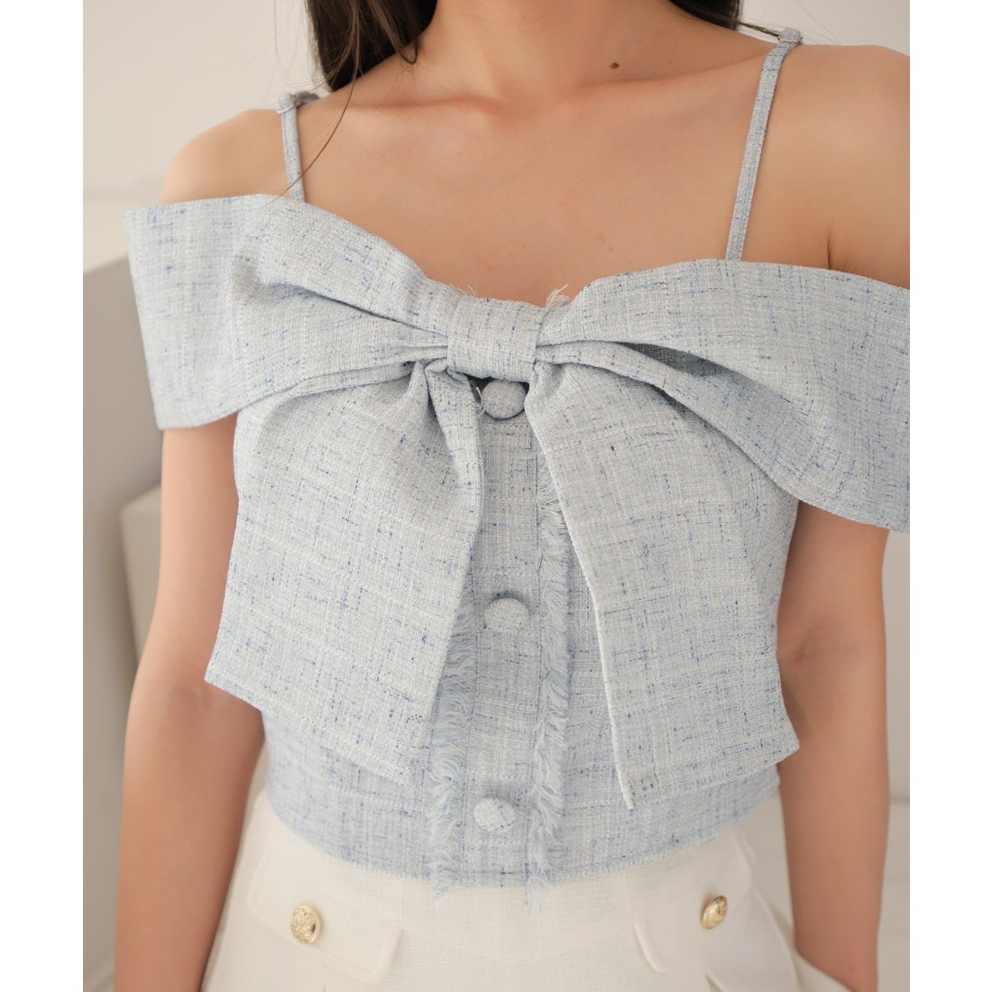 リップサービス LIP SERVICE ツイードリボンオフショルトップス