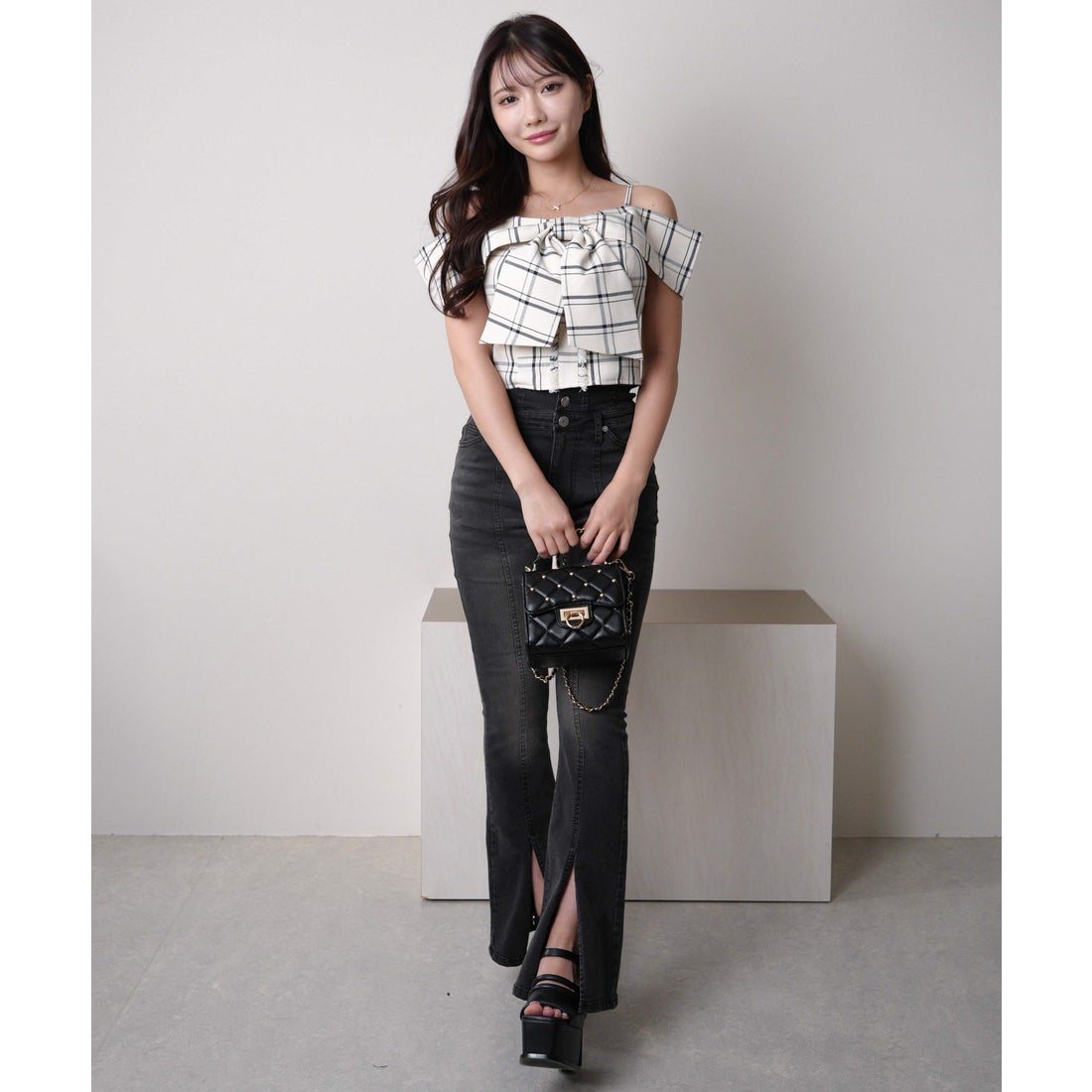 リップサービス LIP SERVICE ツイードリボンオフショルトップス