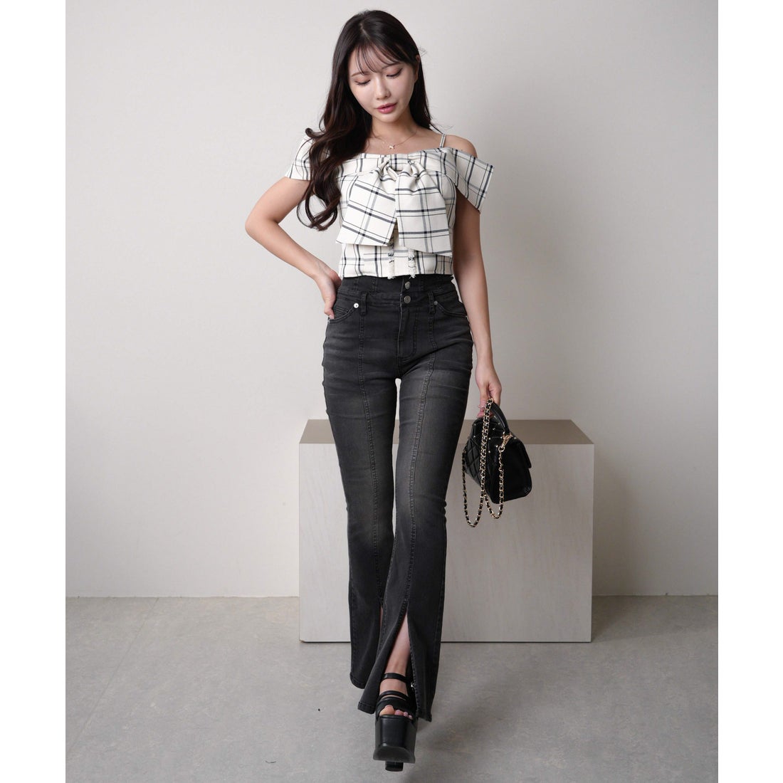 リップサービス LIP SERVICE ツイードリボンオフショルトップス