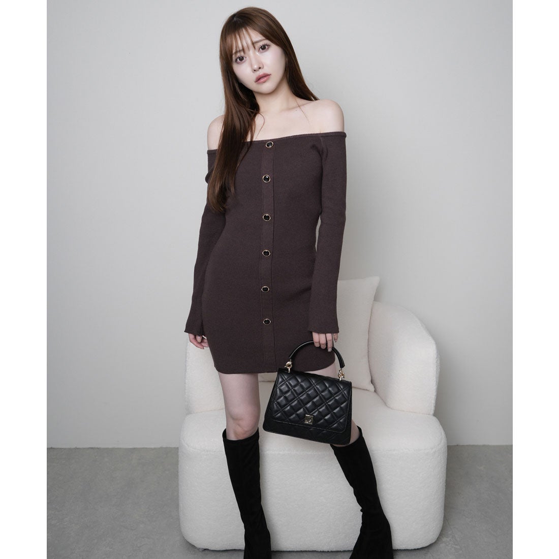 リップサービス LIP SERVICE ファーオフショルボタンニットワンピース