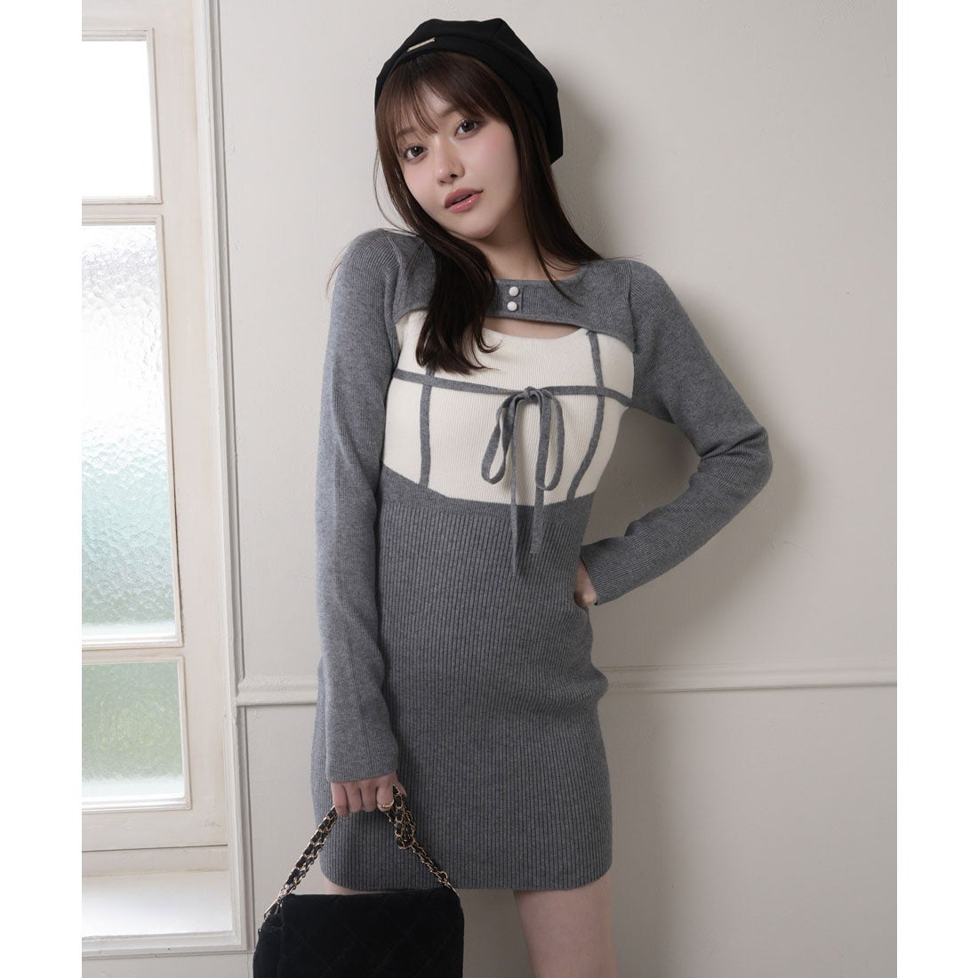 リップサービス LIP SERVICE デコルテオープンバイカラーリボンニット