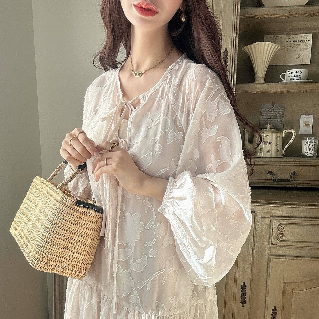 メイル Meiru Meiru フラワージャガードシアーリボンワンピース