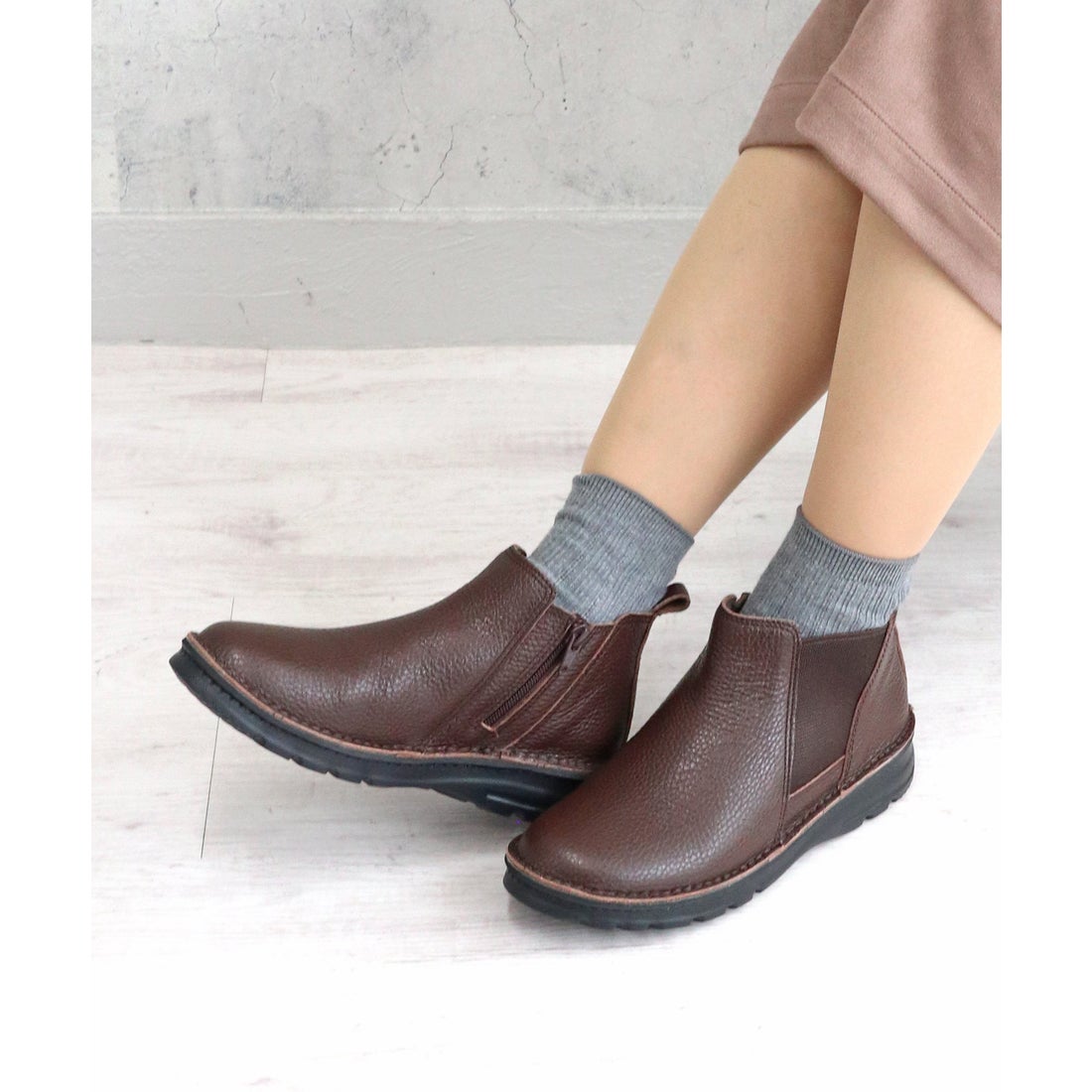 本革】【4E】撥水サイドゴアショートブーツ 6129 （ダークブラウン