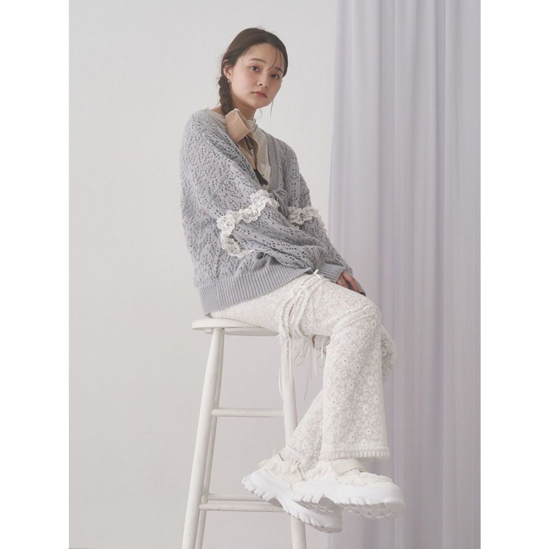 メリージェニー merry jenny 透かし編みフリルニットカーディガン