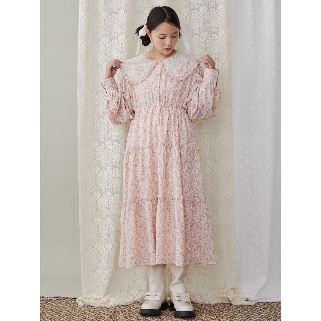 メリージェニー merry jenny floralレースカラーワンピース （ピンク