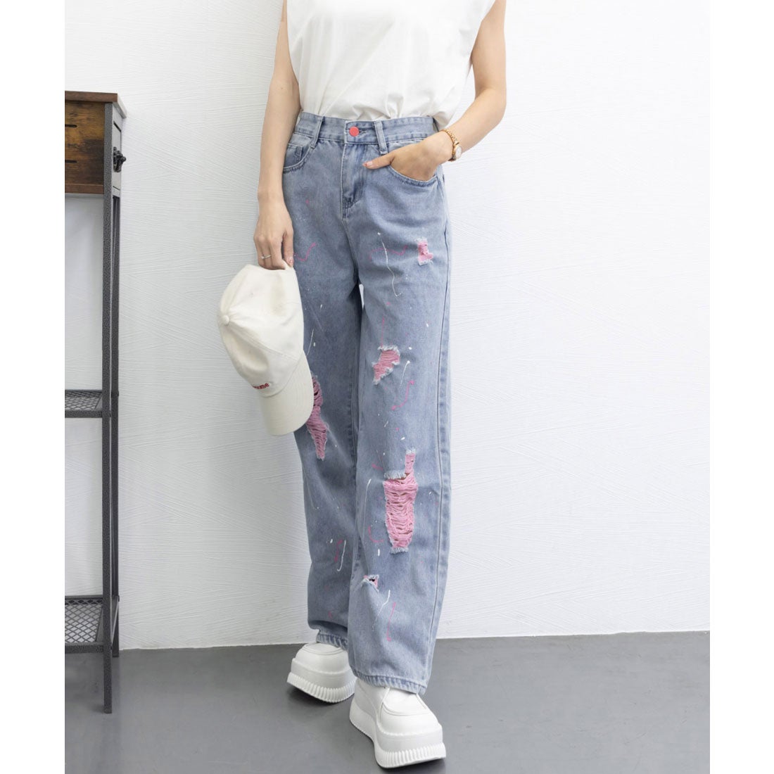 miniministore ピンク ダメージデニムパンツ レディース