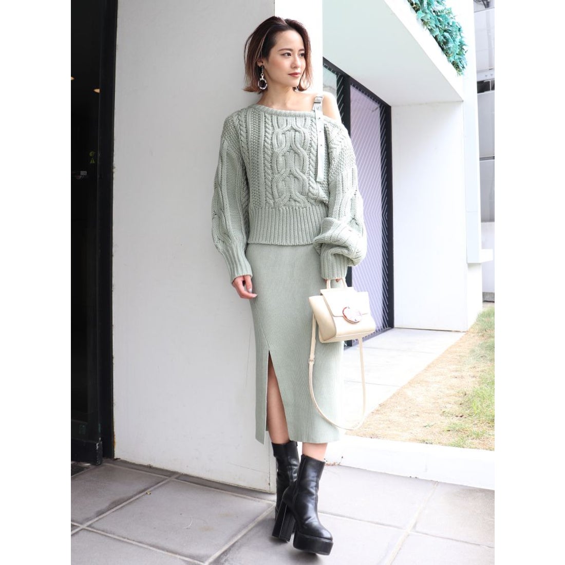 MURUA ケーブルニットワンピースセット（ライム） -靴＆ファッション