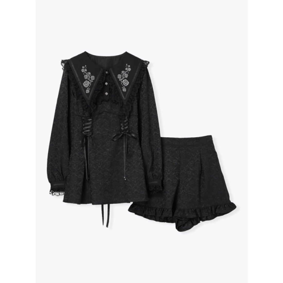 ノエミー NOEMIE ローズ刺繍レースアップセットアップ （黒） -靴