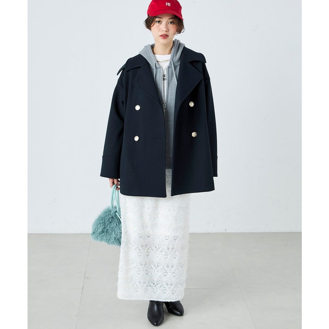 フレディエミュ fredy emue ウール混ミドル丈Pコート （ダークネイビー