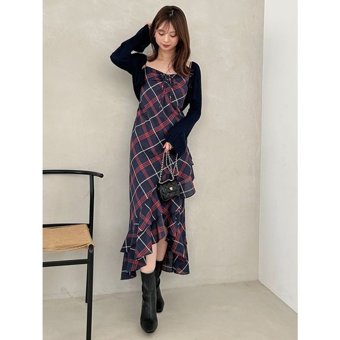 スナイデル SNIDEL フリルチェックキャミソールワンピース （NVY