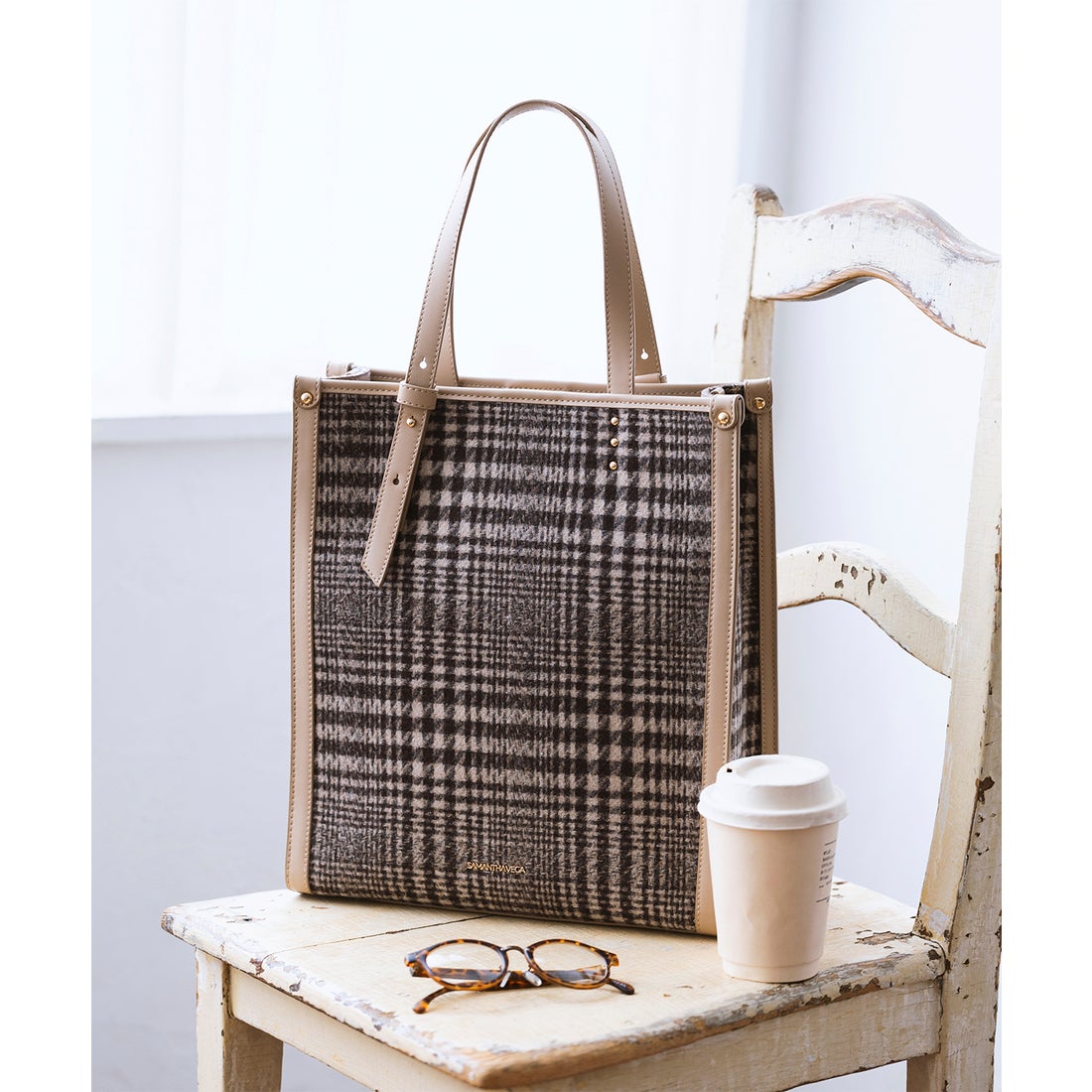 サマンサベガ SAMANTHAVEGA チェック縦型A4トートバッグ (ブラウン