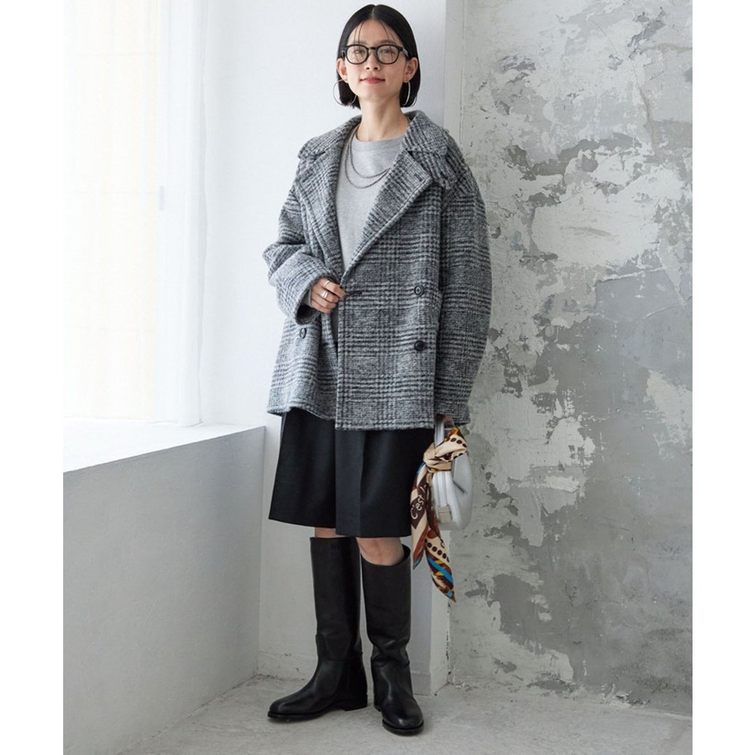 シップス SHIPS スライバー チェック ショート Pコート （ブラック