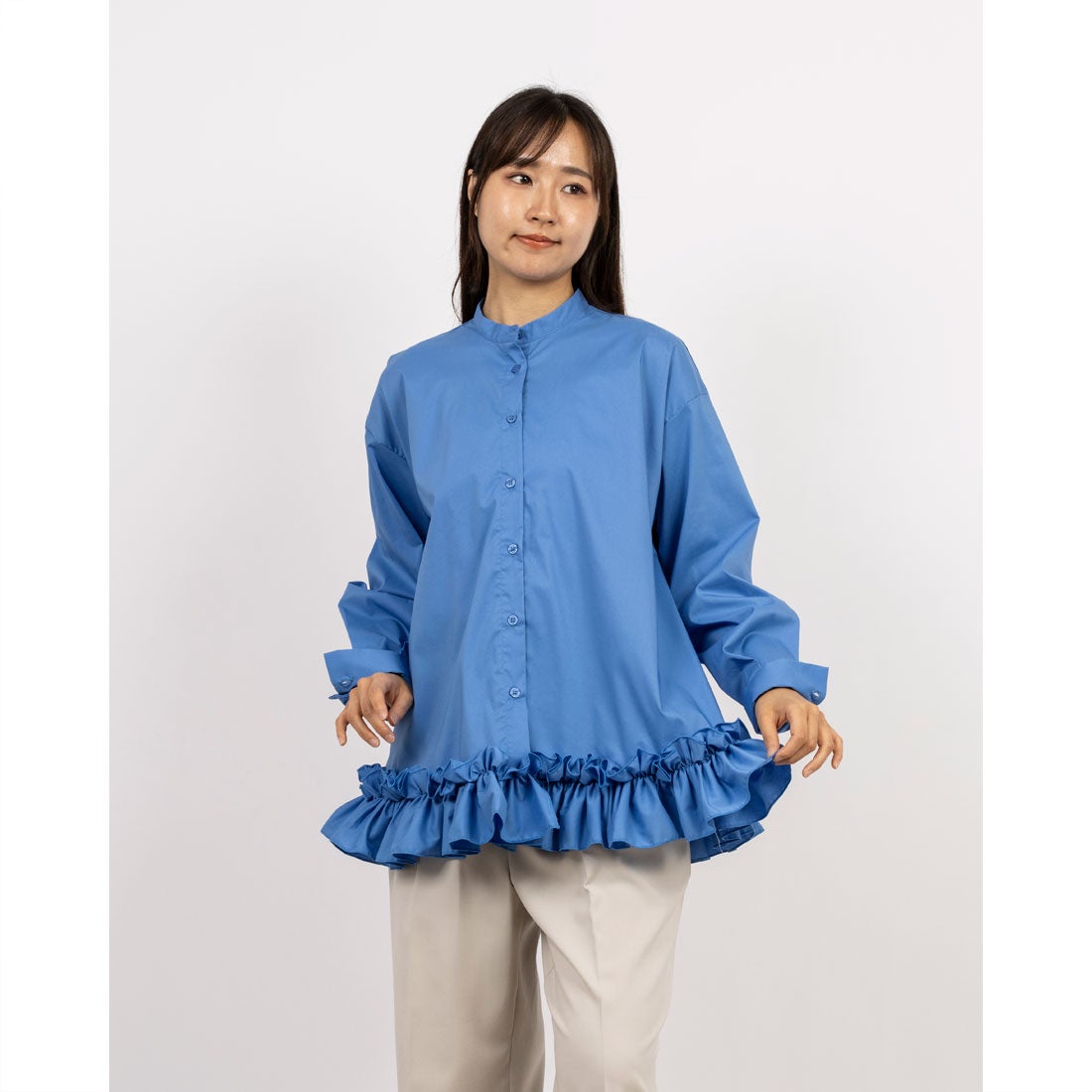 スタイルブロック STYLEBLOCK ブロード裾フリルブラウス （ブルー