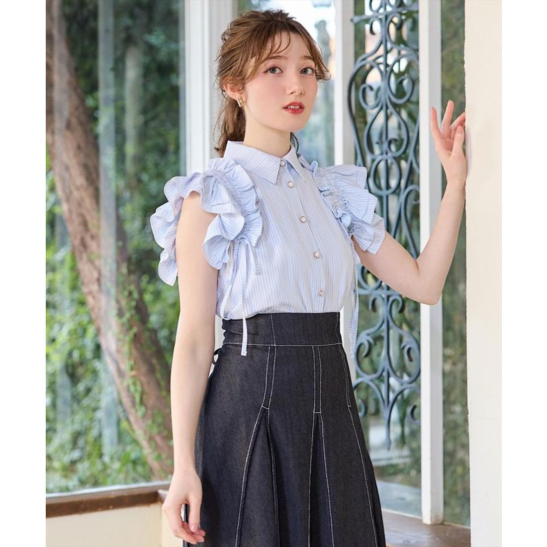 スウィングル SWINGLE ストライプリボンフリルシャツブラウス