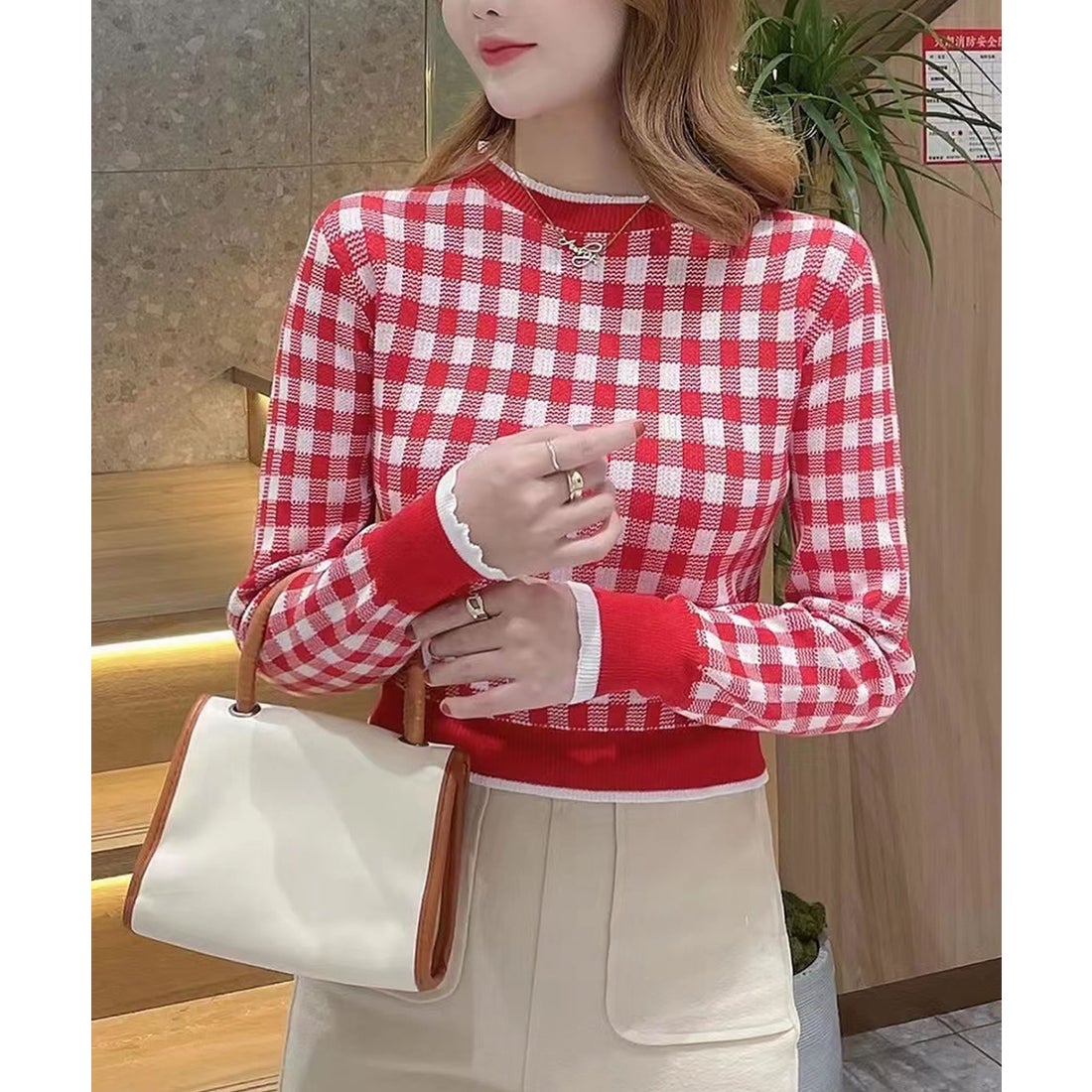 プリマゼル Primazel ギンガムチェックニットトップス （レッド