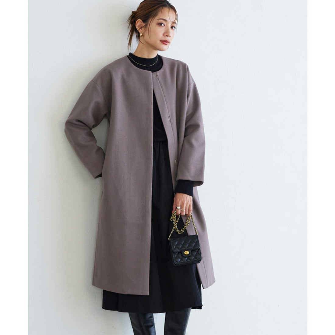 Pierrot メルトンノーカラーコート （モカ） -アウトレット通販