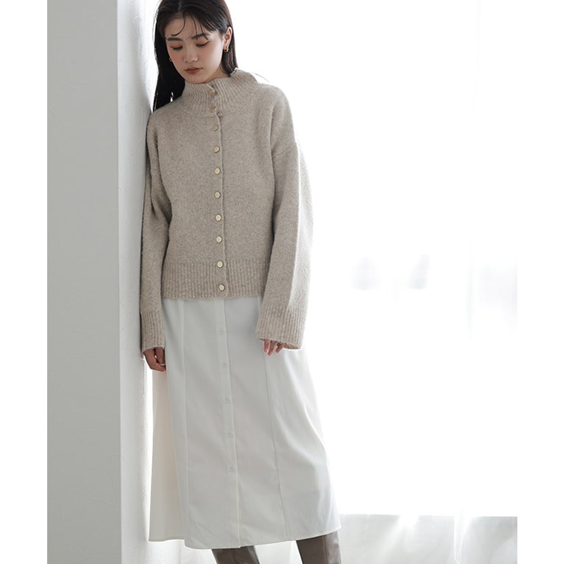 Pierrot ニットカーディガンワンピースセット （杢グレー×ネイビー