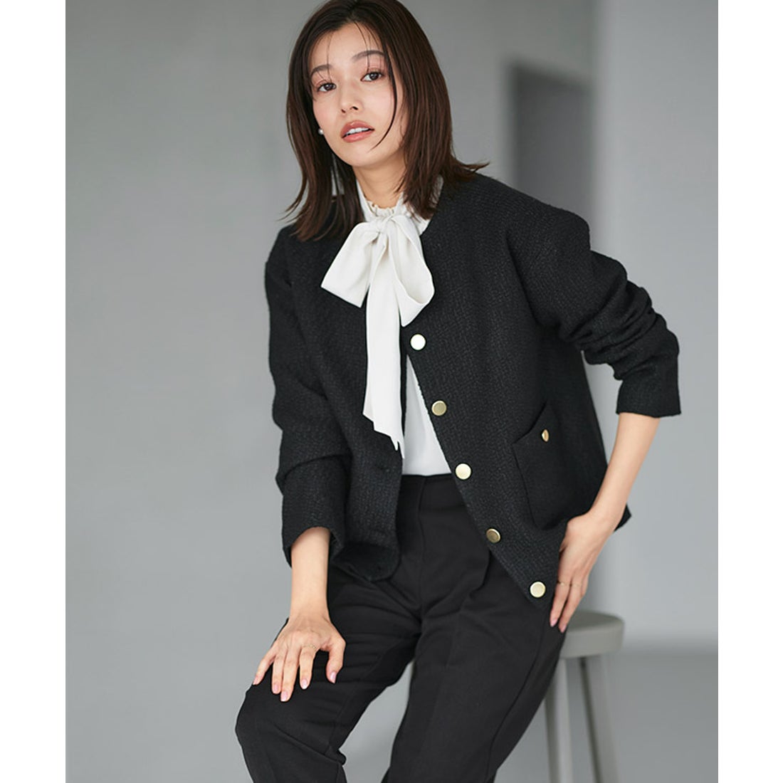 Pierrot ツイードノーカラージャケット （ブラック） - ファッション