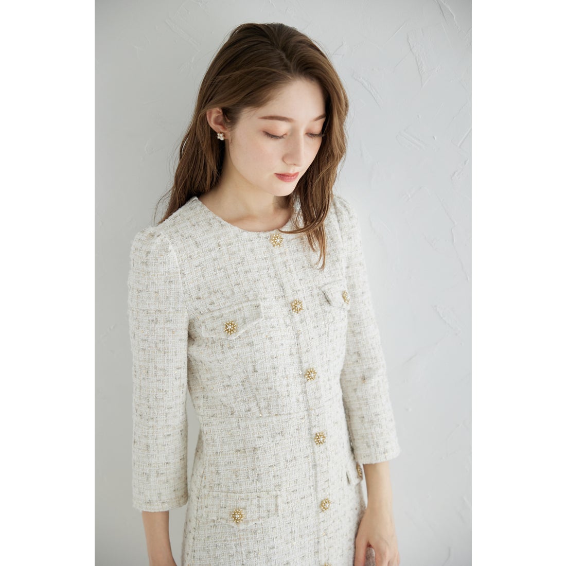 トッコクローゼット tocco closet スノーフレーク飾り釦付きツイード