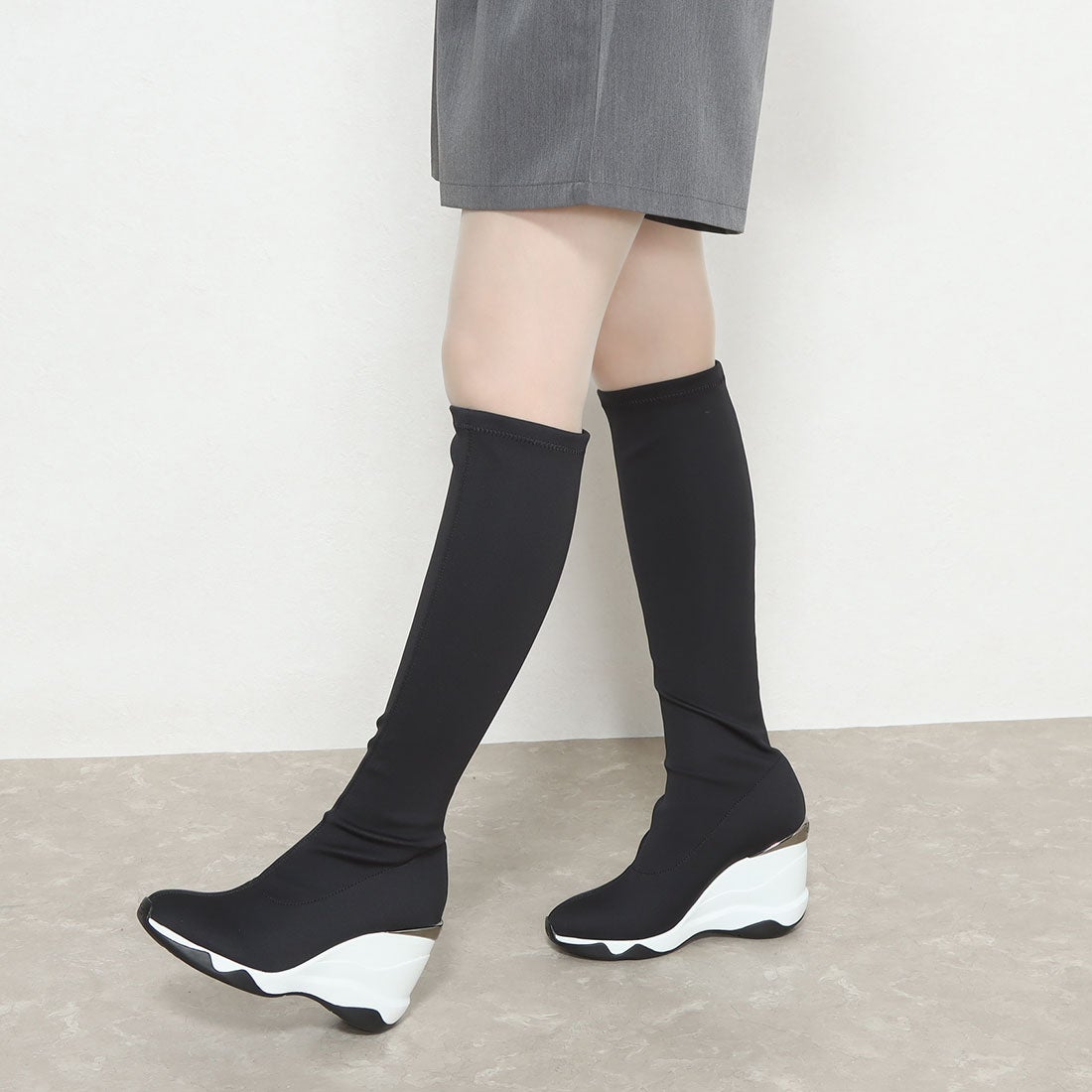 プラスダイアナ ＋diana ハイウェッジ ストレッチブーツ （黒人工